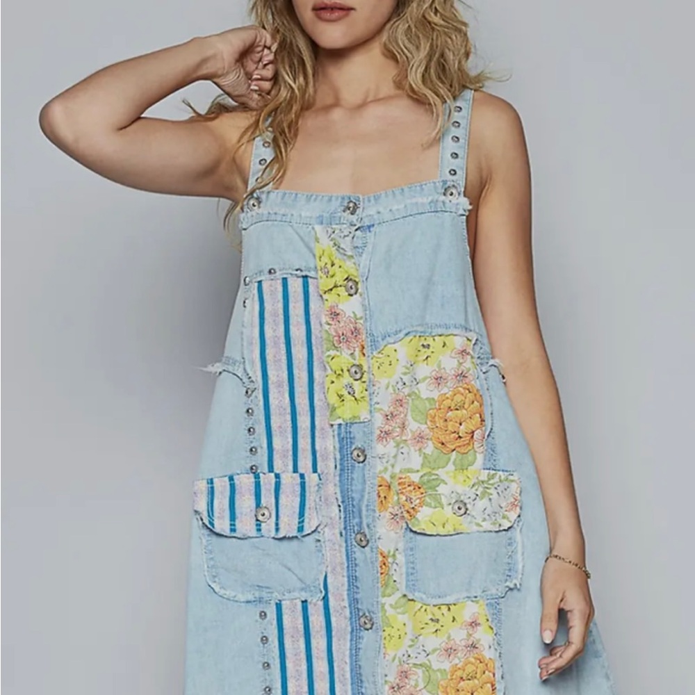 POL Light Blue Denim Floral Patch Mini Dress - Picture 10 of 14